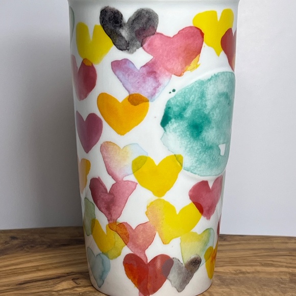 2015 Starbucks Watercolor Hearts Ceramic Travel Tumbler 10 oz Mug Cup with Lid - Picture 5 of 13